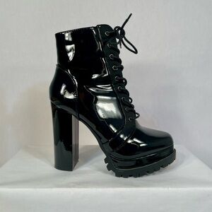 Black Patent Platform Lace-Up Ankle Boots Size 7.5
